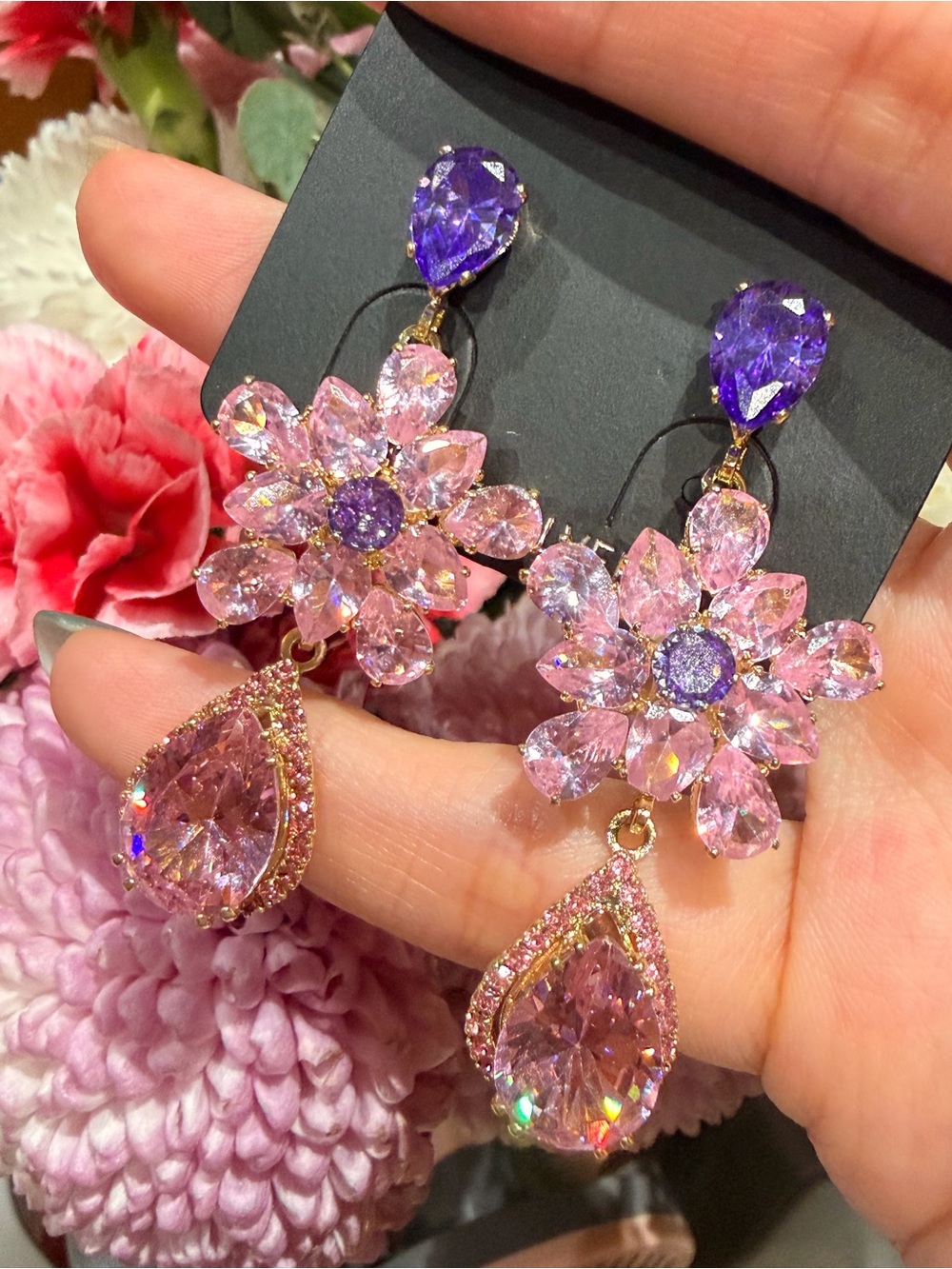 Pink and Purple Floral Drop Earrings Luxury Crystal Statement